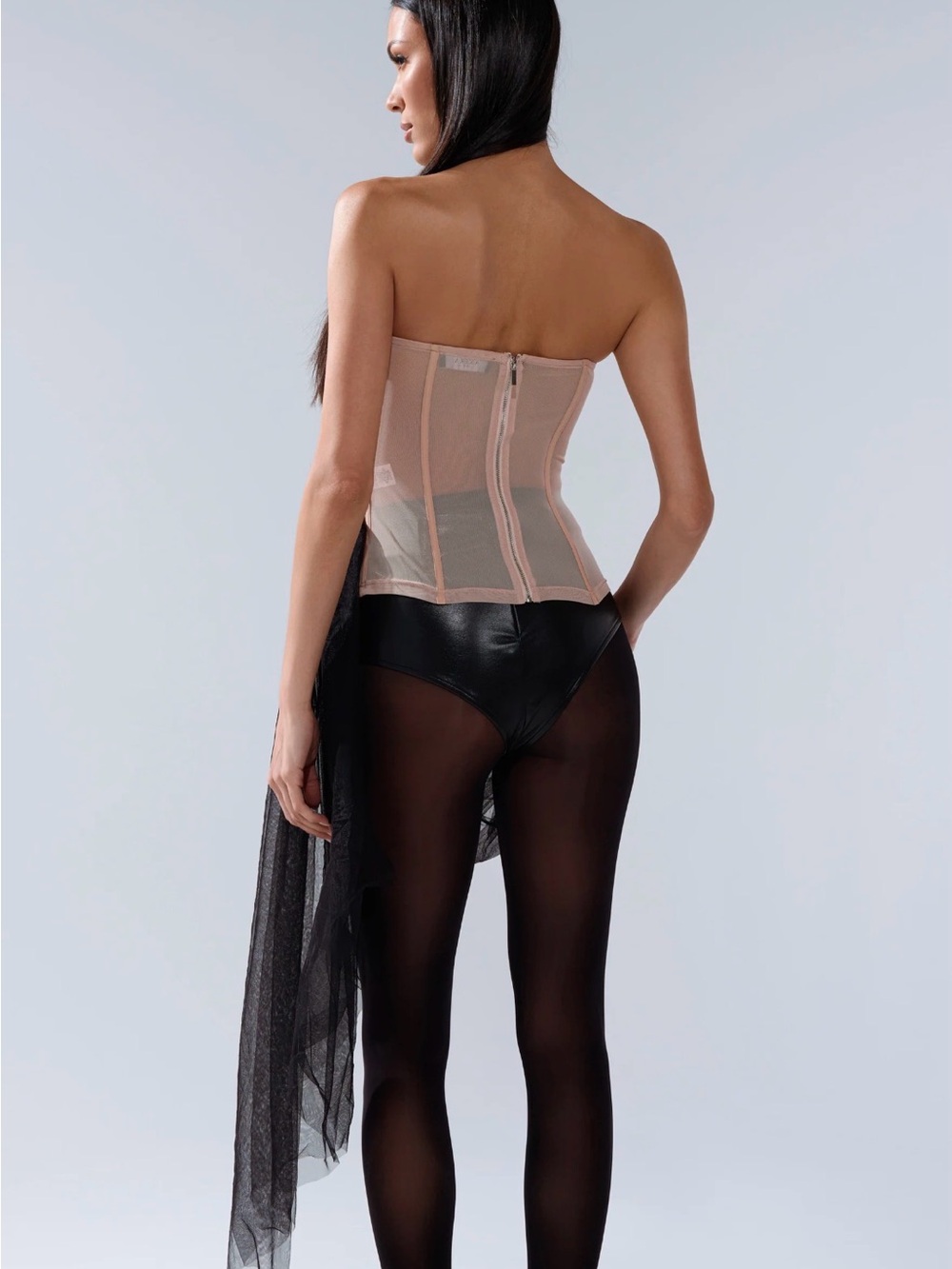 AKIRA Black & Nude Strapless Embellished Tulle Camisole Dress - Picture 4 of 7